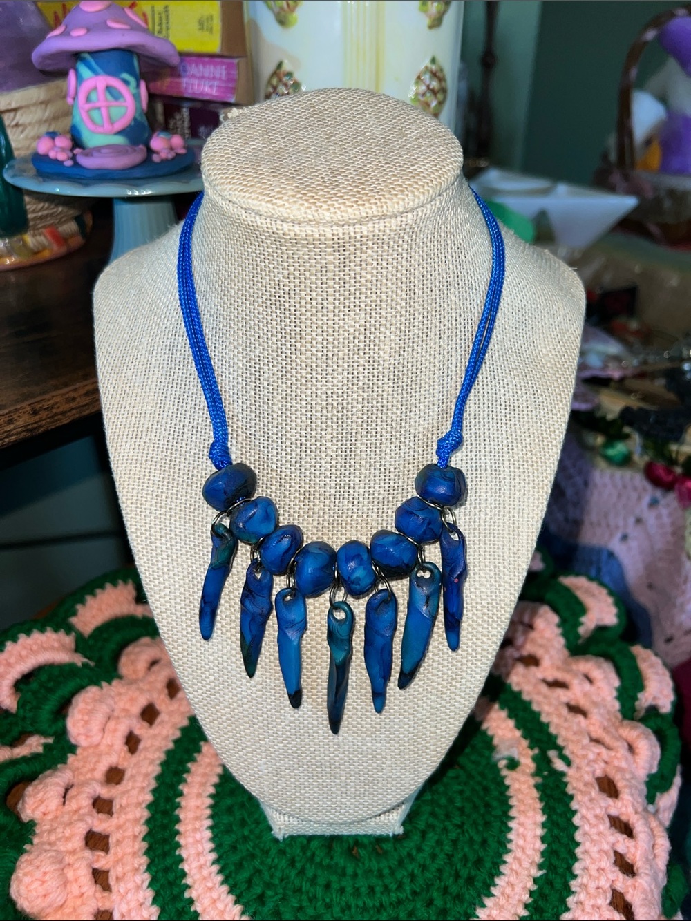 Vtg Handmade Blue painted wood Statement Necklace